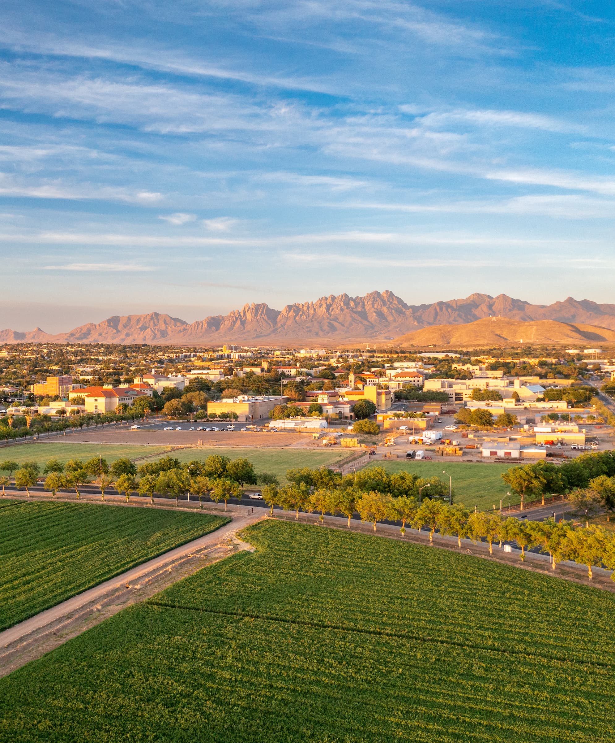 Aerial view of NMSU campus with the Organ Mountains in the background